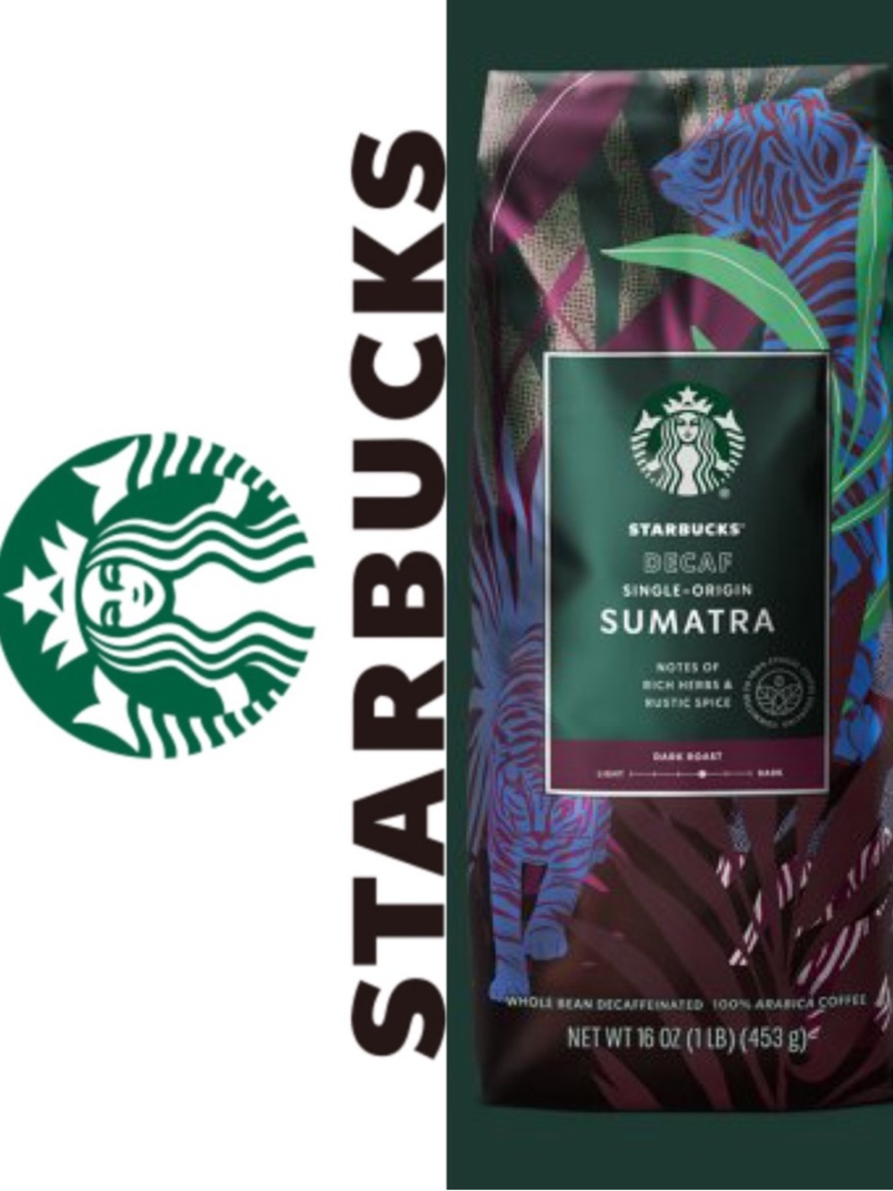 3/$30 Starbucks Sumatra Decaf 1 Pound Whole Bean